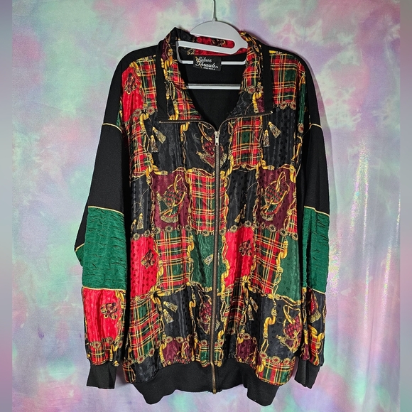 Silver Threads Baroque Windbreaker Full Zip Oversized Plaid Patch Jacket Size XL - Picture 2 of 10